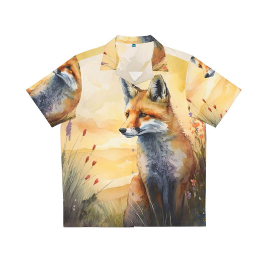 Colorful watercolor illustration of a red fox cub amidst spring flowers on a Hawaiian shirt