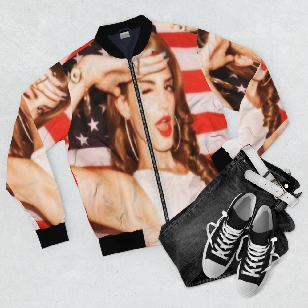 Lana Del Rey inspired bomber jacket featuring the American flag design - Flat lay