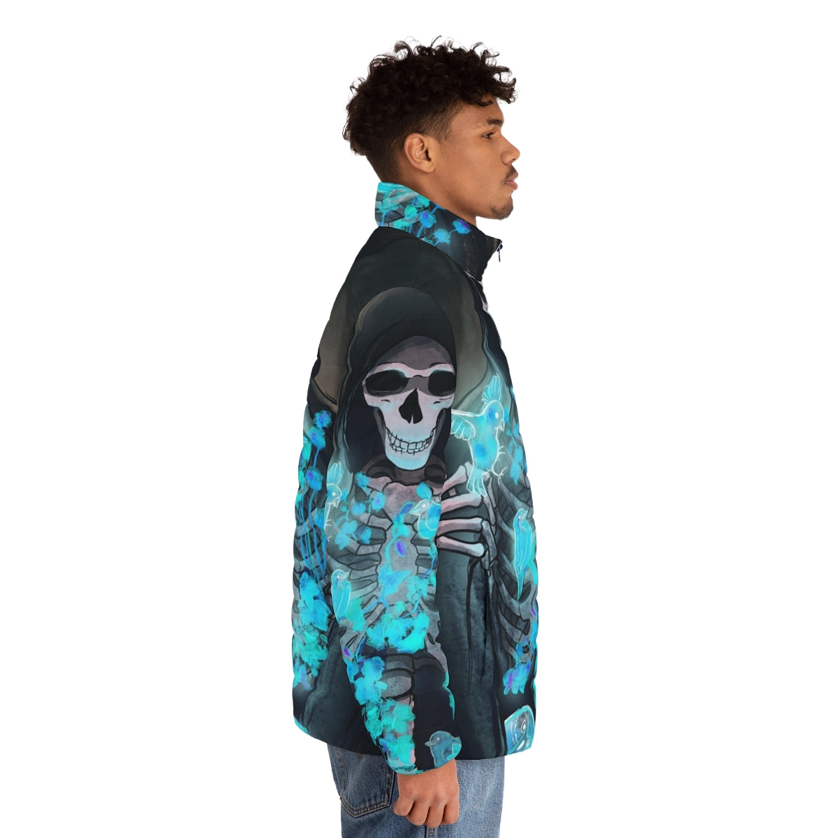 A dark puffer jacket with a supernatural, grim design featuring a reaper, skeleton, and mystical elements. - men side right