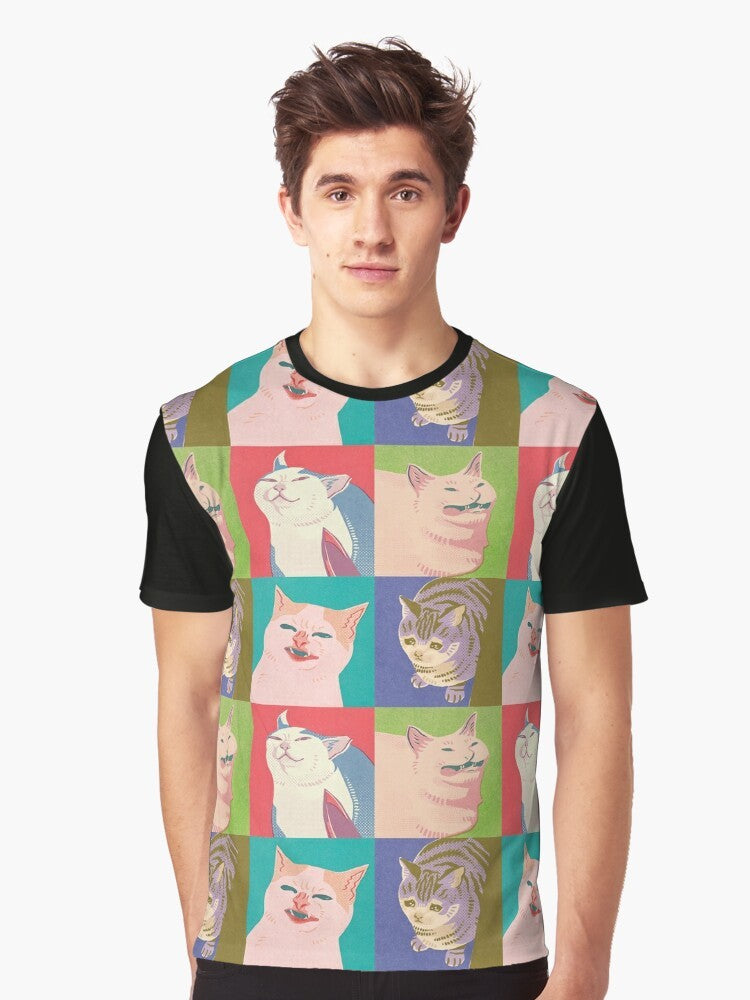 Graphic t-shirt design featuring four popular meme cats - Knife Cat, Sad Cat, Cat No Banana, and more in a pop art style. - Men