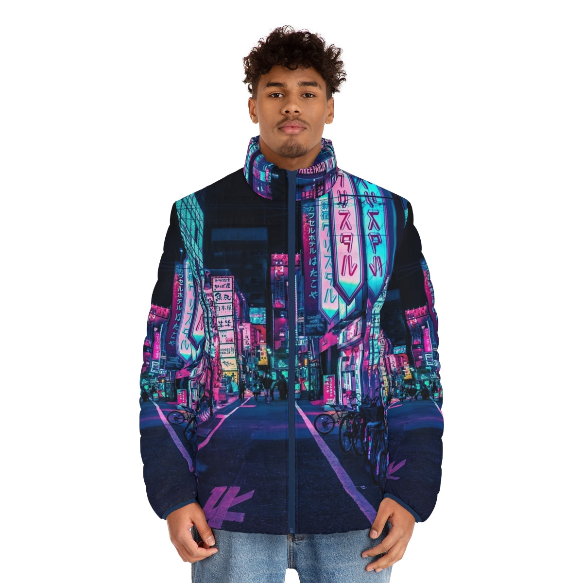 Tokyo Neon Wonderland Puffer Jacket 2 - Futuristic cyberpunk style puffer jacket with neon lights and pastel colors - men front