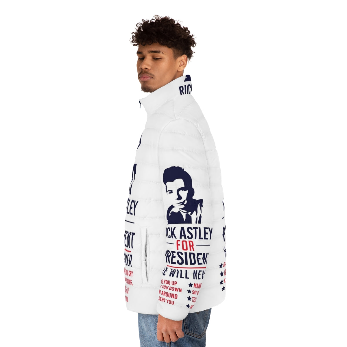 Rick Astley Puffer Jacket with political campaign design - men side left