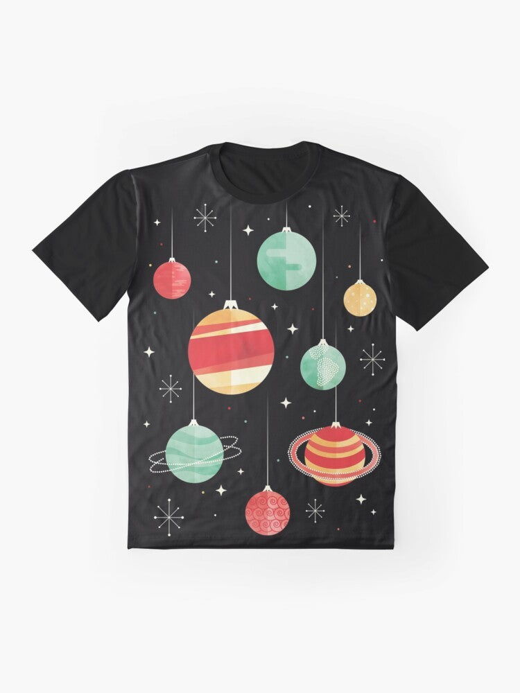 Christmas-themed graphic t-shirt featuring planets, stars, and the universe in a vintage, retro style - Flat lay