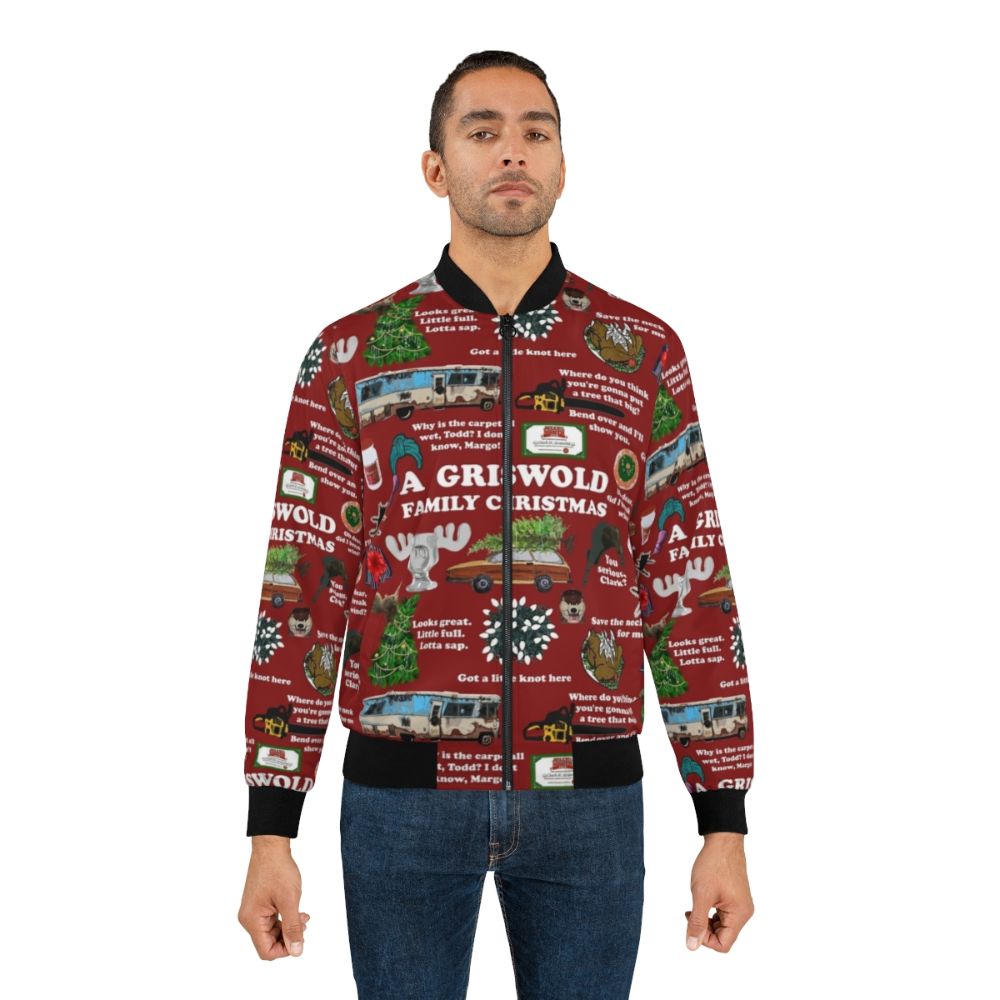 Christmas Vacation-themed bomber jacket with collage design featuring characters and quotes from the movie - Lifestyle