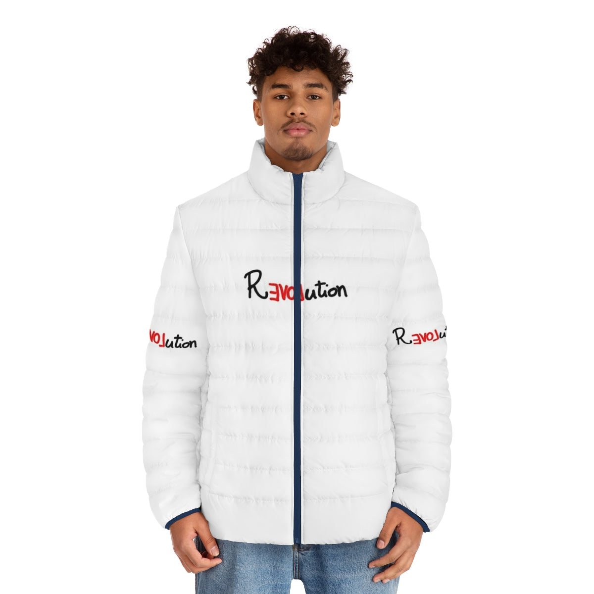 Young Royals inspired revolution puffer jacket featuring fan art design - men front