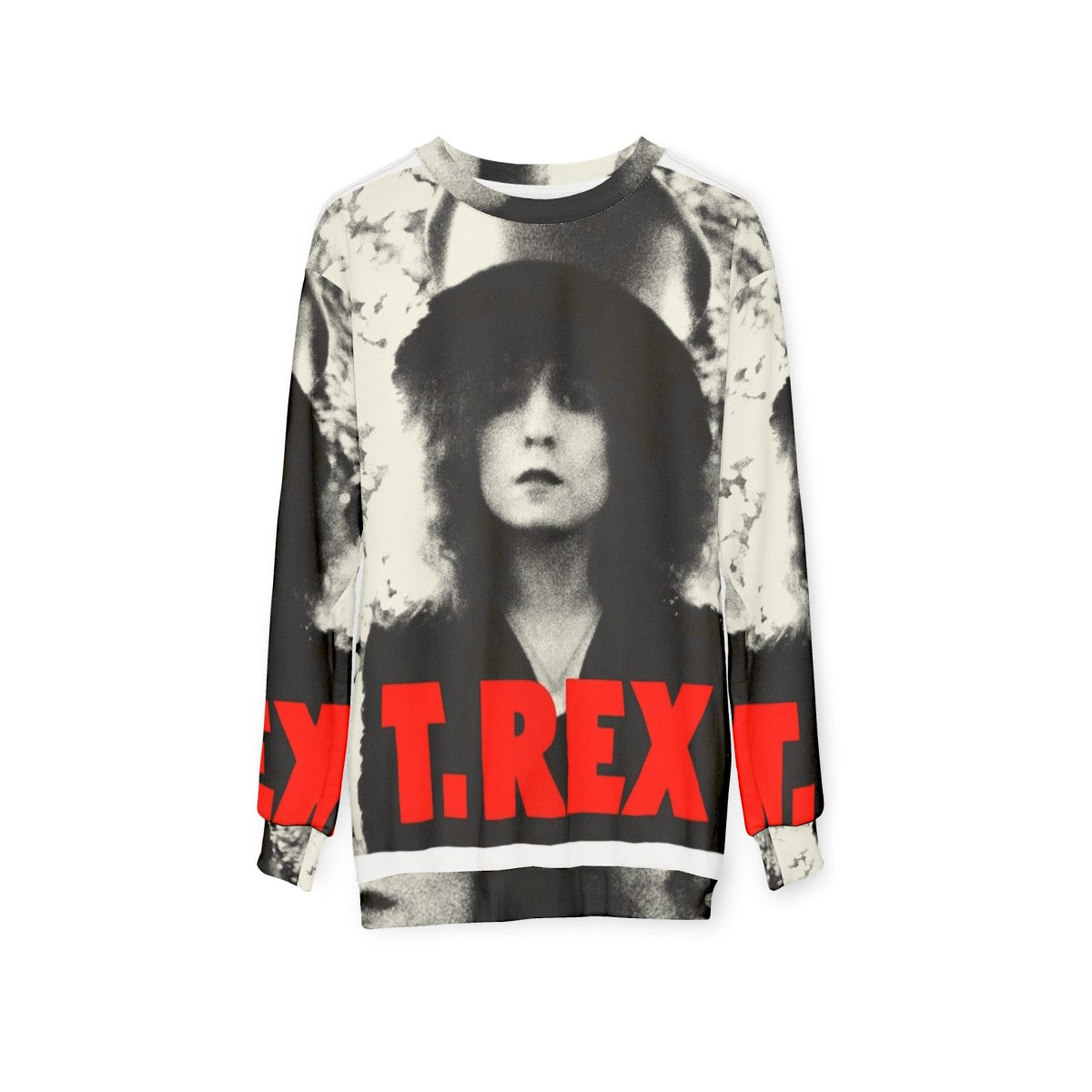 Retro T Rex Sweatshirt featuring the iconic glam rock style of Marc Bolan and T Rex - hanging