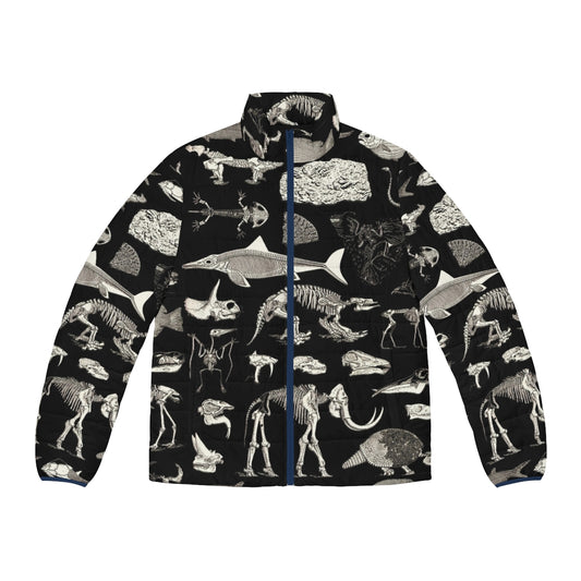 Paleontology puffer jacket featuring fossil illustrations