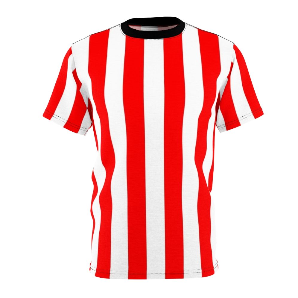 A person wearing a red and white vertical striped t-shirt with a minimalist, geometric pattern design.