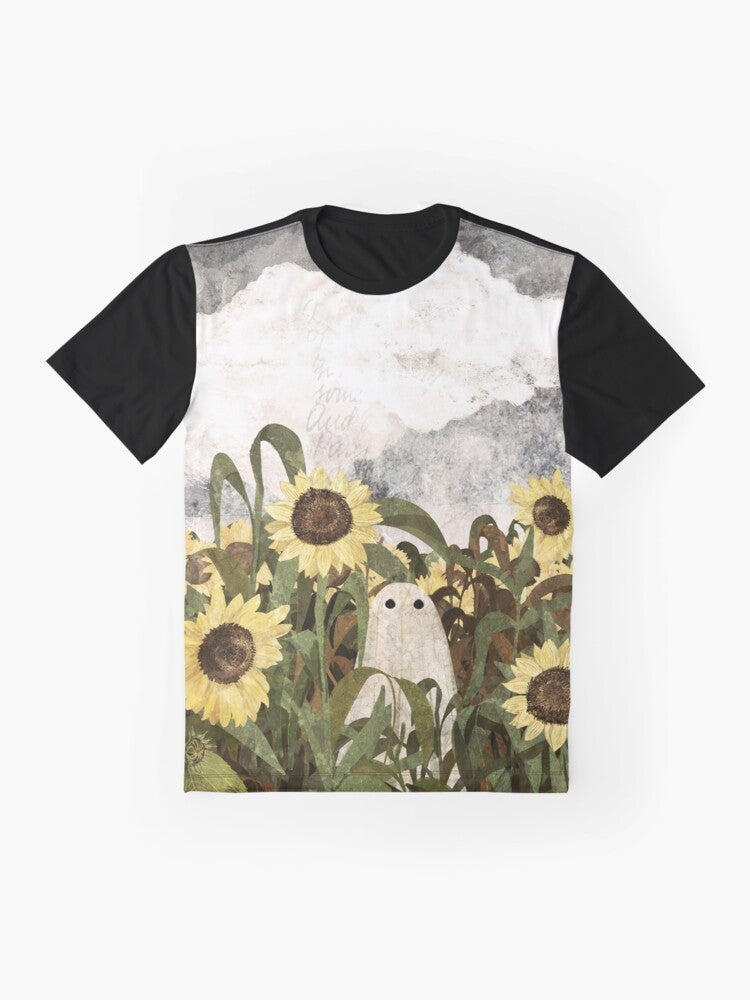 Graphic t-shirt design featuring a ghost in a sunflower field - Flat lay