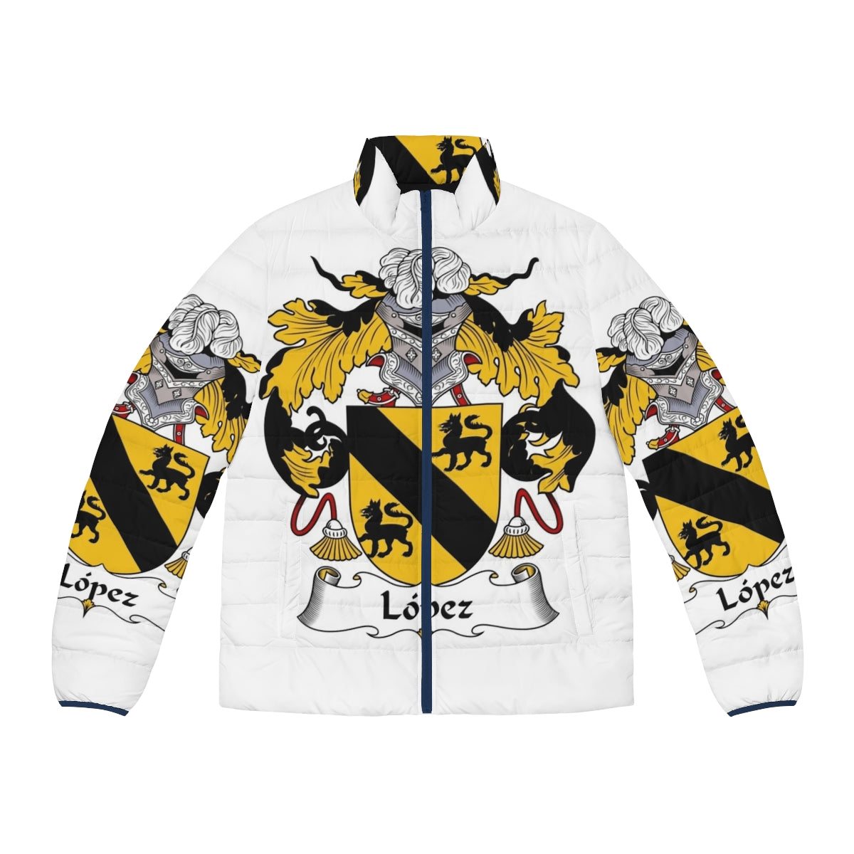 Lopez Coat of Arms Family Crest Puffer Jacket featuring a Spanish heritage design