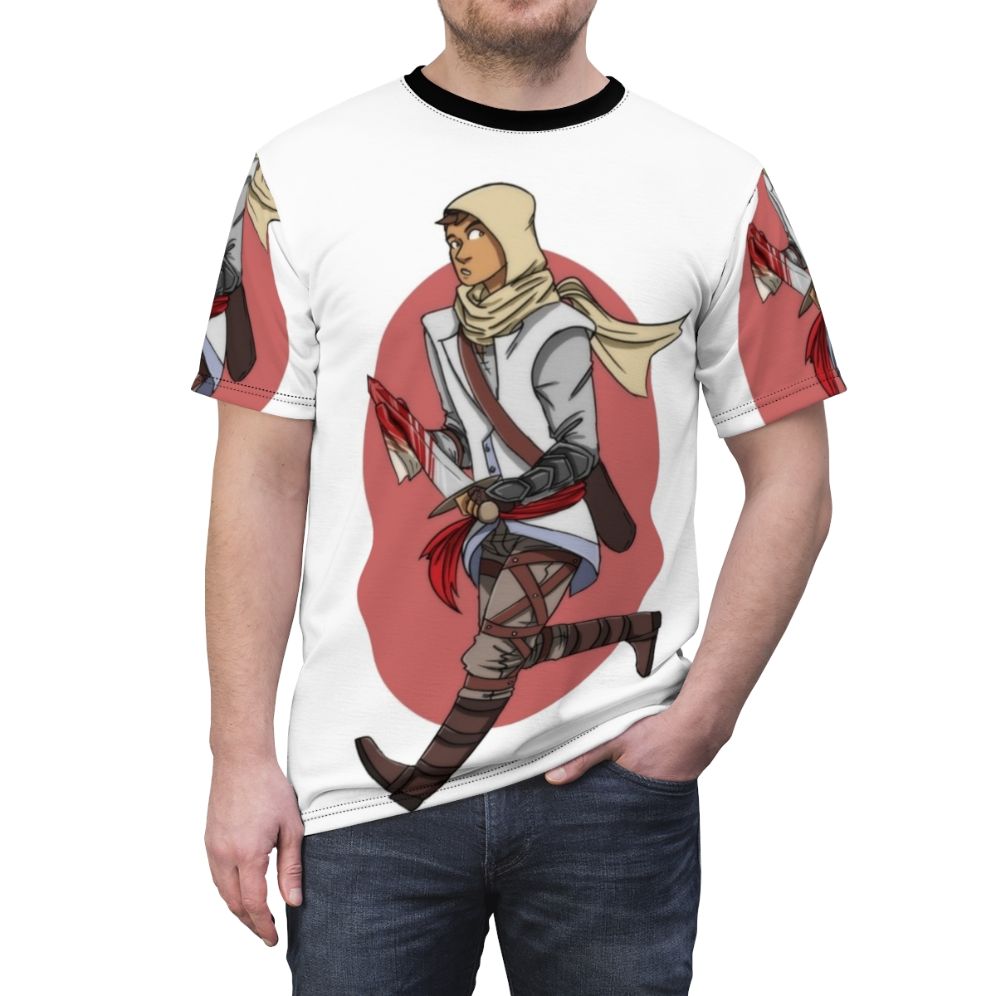 Custom Assassin's Creed Altair T-Shirt featuring a unique fan art design inspired by the popular video game franchise. - men front