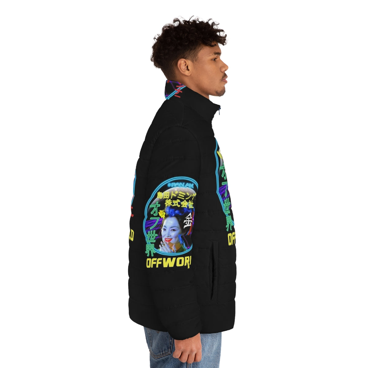 Blade Runner inspired neon puffer jacket with futuristic, cyberpunk design - men side right