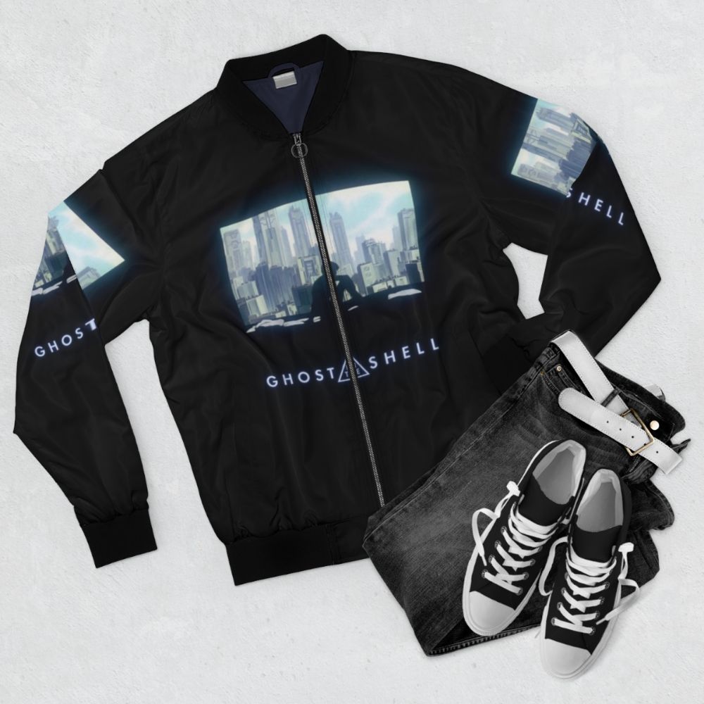 Ghost in the Shell Cyberpunk Bomber Jacket 2.0 with anime and manga design - Flat lay