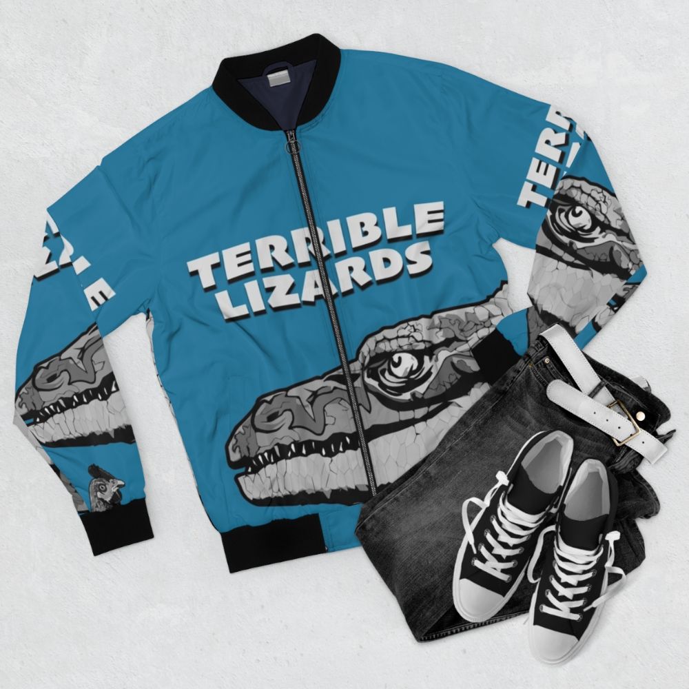 Prehistoric Dinosaur Bomber Jacket with Megalosaurus and Cockrel Motifs - Flat lay