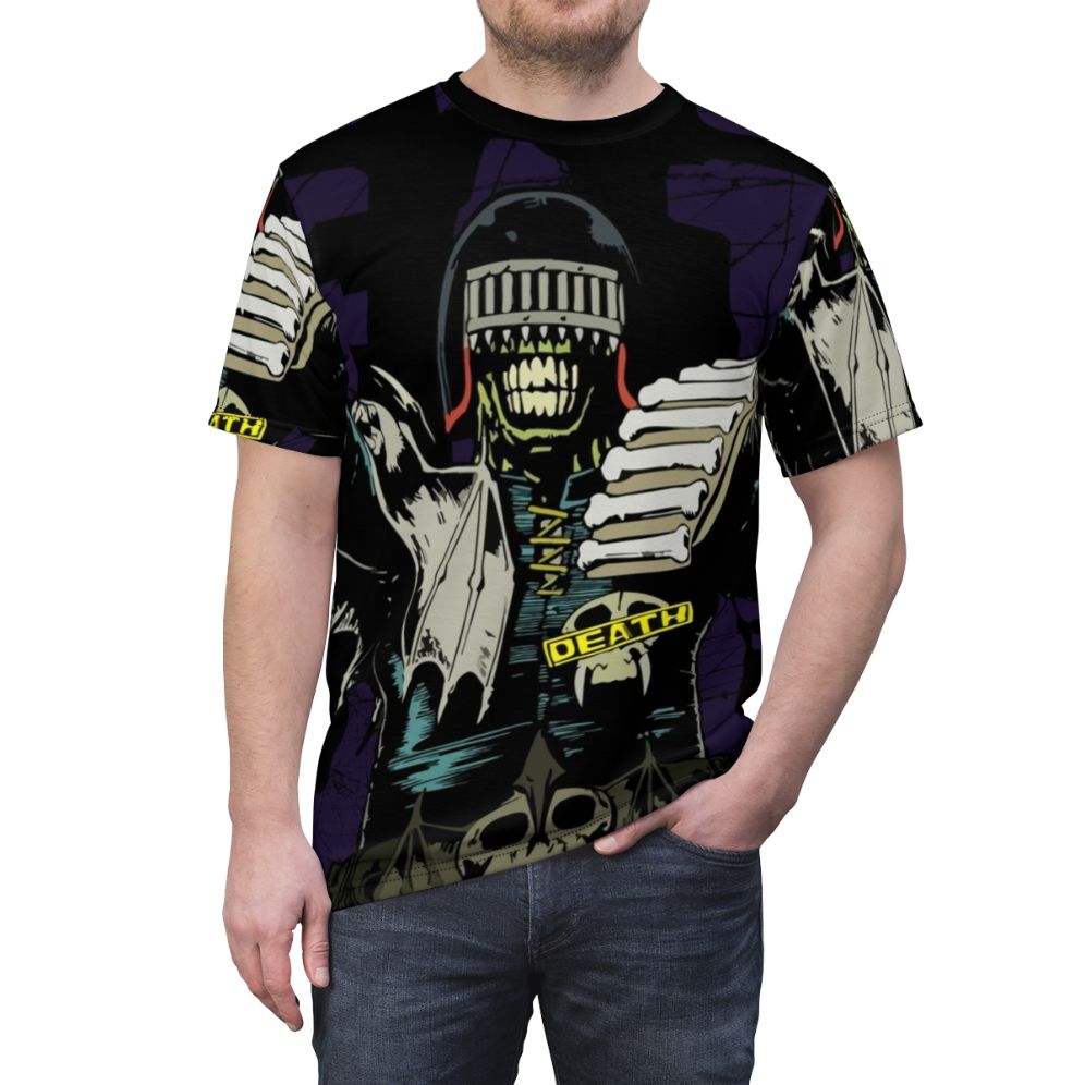 Stylized graphic design of Judge Death, a villain from the Judge Dredd comics, on a high-quality t-shirt. - men front