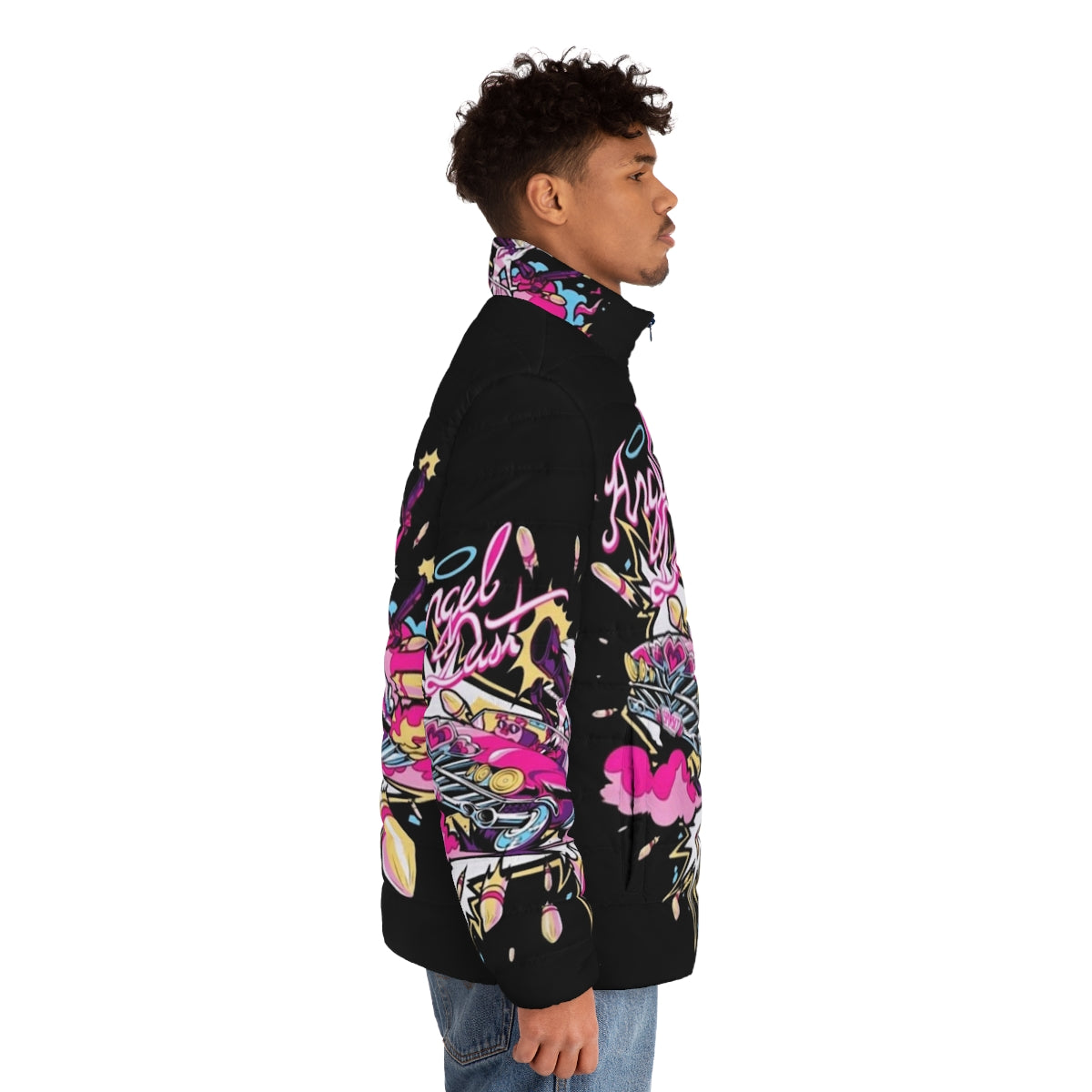 Hazbin Hotel Angel Dust Puffer Jacket with Anime-Inspired Design - men side right