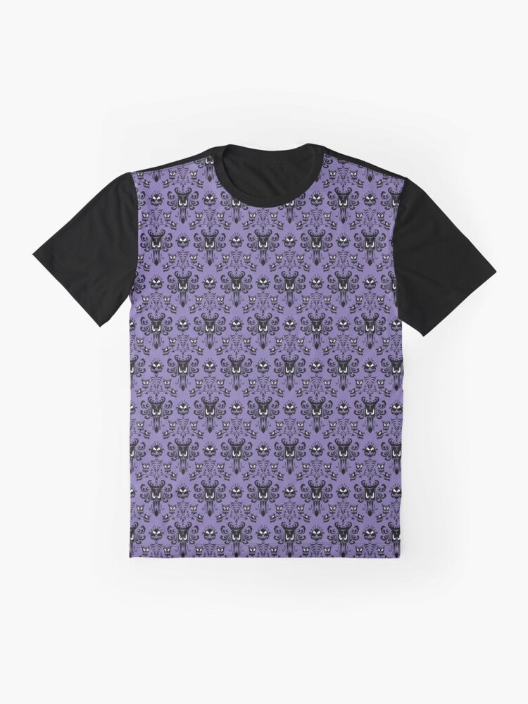 Haunted mansion wallpaper pattern printed on a graphic t-shirt - Flat lay