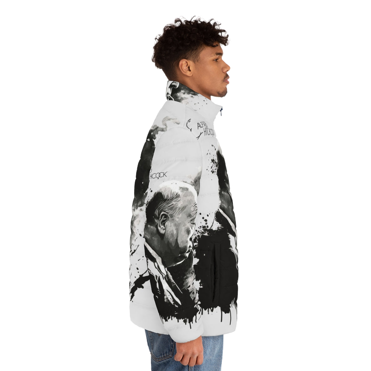 Model wearing black and white puffer jacket with Alfred Hitchcock drawing - men side right