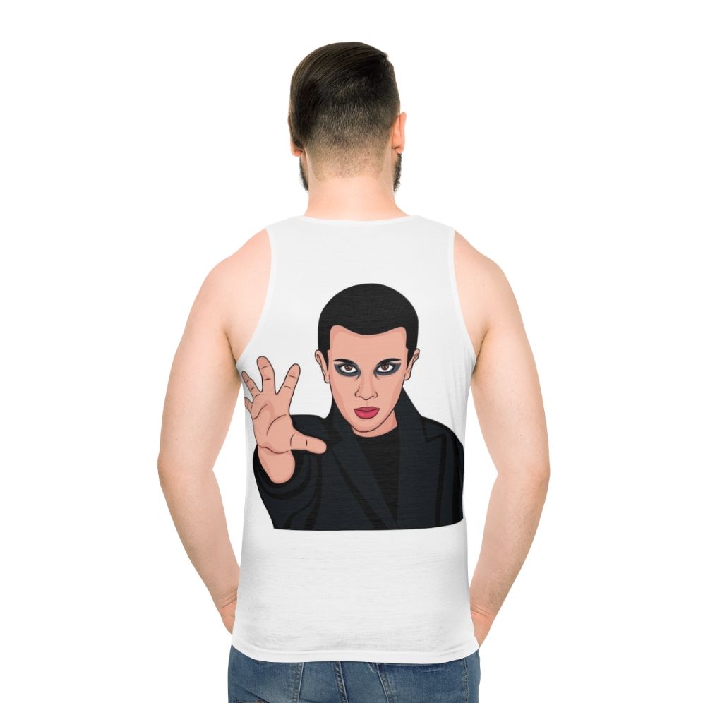 Eleven from Stranger Things wearing a retro-style tank top - men back