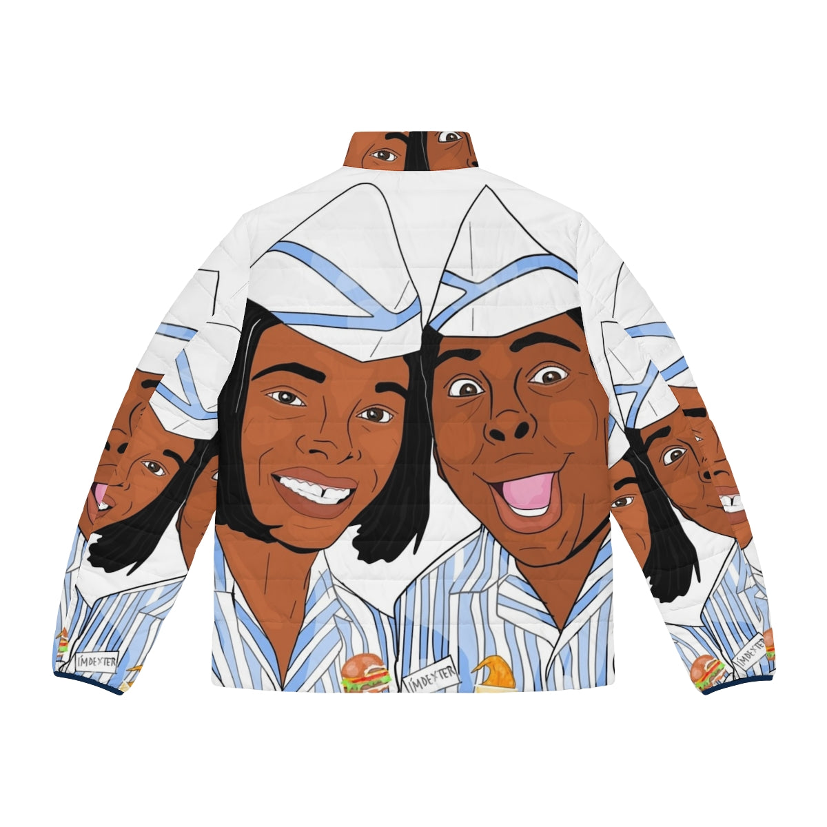 "Good Burger" themed puffer jacket in blue, white, and brown colors - Back