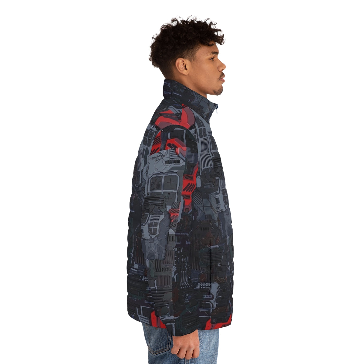 High-tech puffer jacket with circuit board and digital pattern - men side right