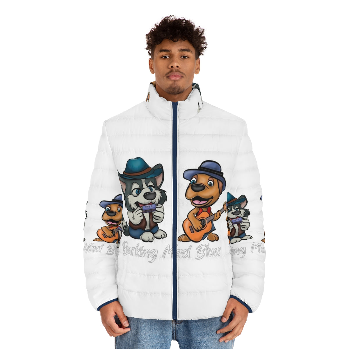 The Barking Mad Blues Duo Puffer Jacket - featuring a malamute and blues musician design - men front