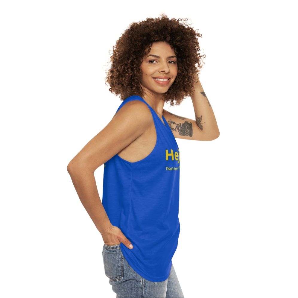 Unisex tank top with "Hej" text, a Swedish greeting - women side