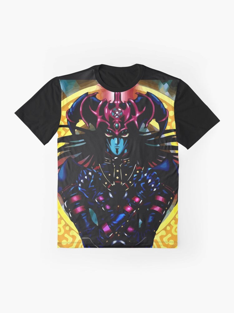 A graphic t-shirt featuring iconic Yu-Gi-Oh! characters like Dark Magician and Seto Kaiba, along with Egyptian god cards. - Flat lay