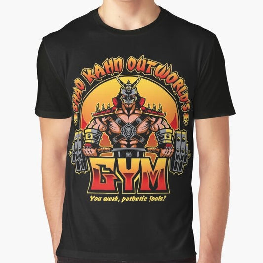 Mortal Kombat Shao Kahn graphic design on a gray t-shirt for fitness and gym enthusiasts.