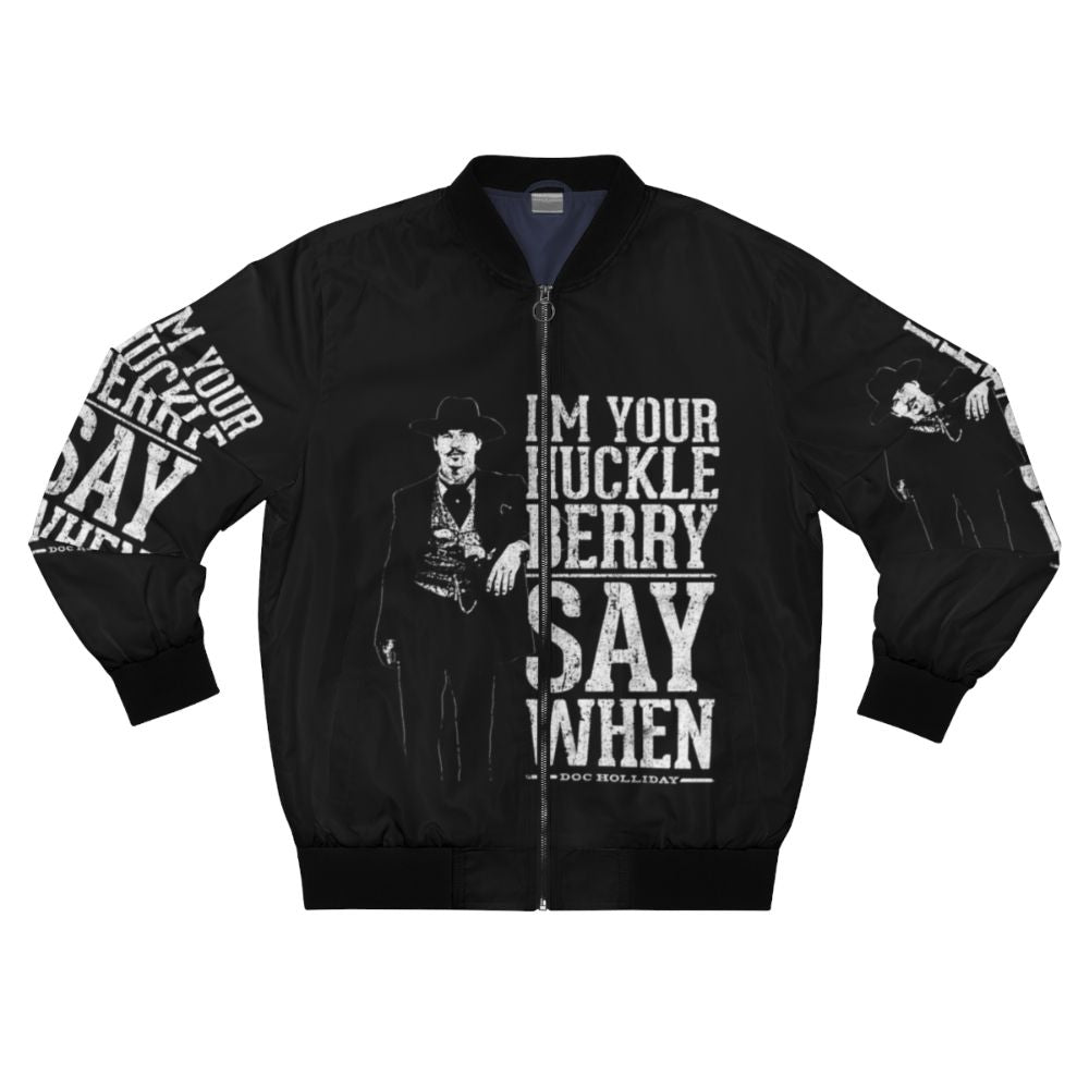 "I'm Your Huckleberry" Say When Bomber Jacket featuring a western-inspired design and quote from the movie Tombstone