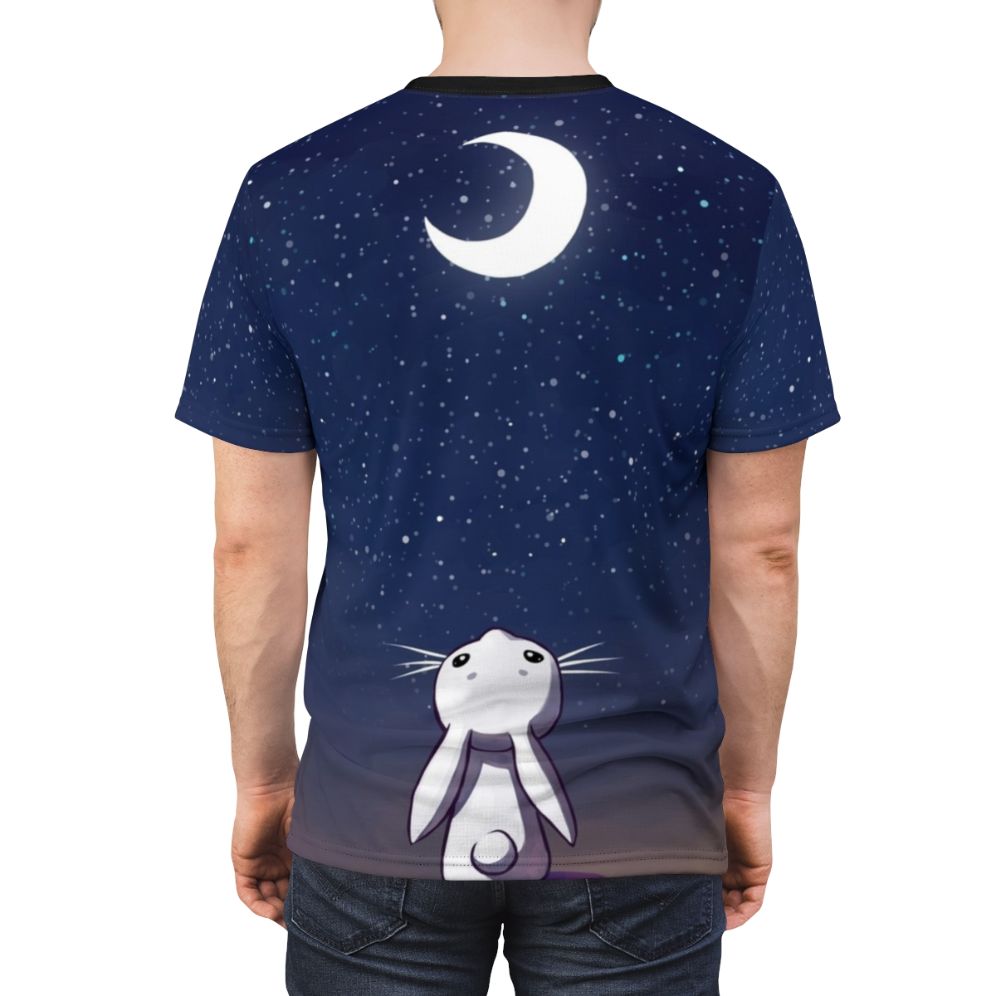 Illustration of a whimsical bunny sitting on a crescent moon against a starry night sky - men back