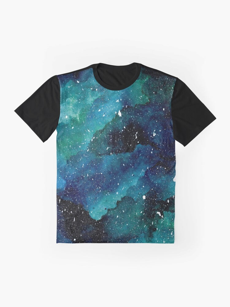 Emerald Galaxy Graphic T-Shirt featuring a colorful, watercolor-inspired design of the galaxy, stars, and planets. - Flat lay