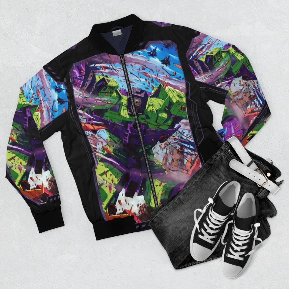 Transformers Devastator Bomber Jacket with Optimus Prime, Megatron, and Autobots/Decepticons graphics - Flat lay