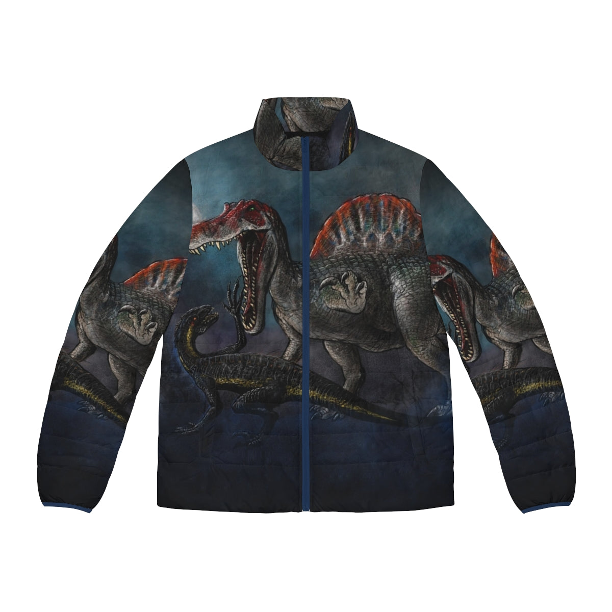 Spinosaurus vs Indominus Rex dinosaur battle puffer jacket