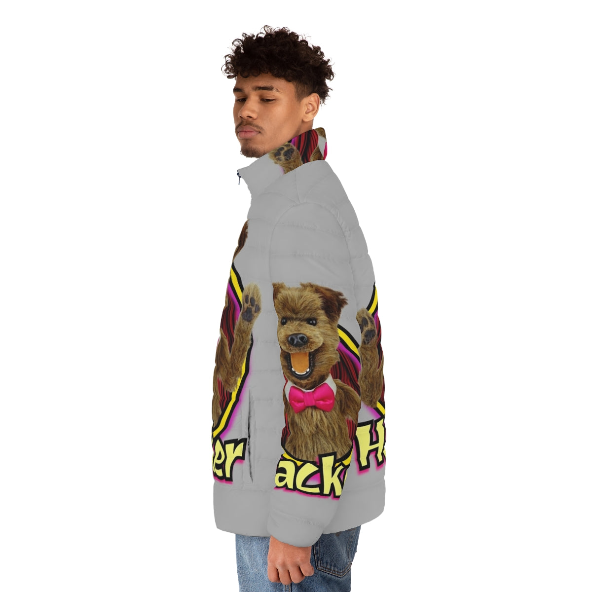 Hacker Time puffer jacket featuring a colorful retro puppet character - men side left