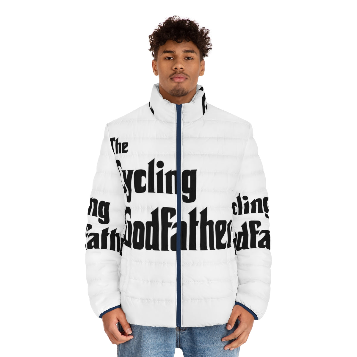 A puffer jacket with the "The Cycling Godfather" design, perfect for cycling enthusiasts - men front