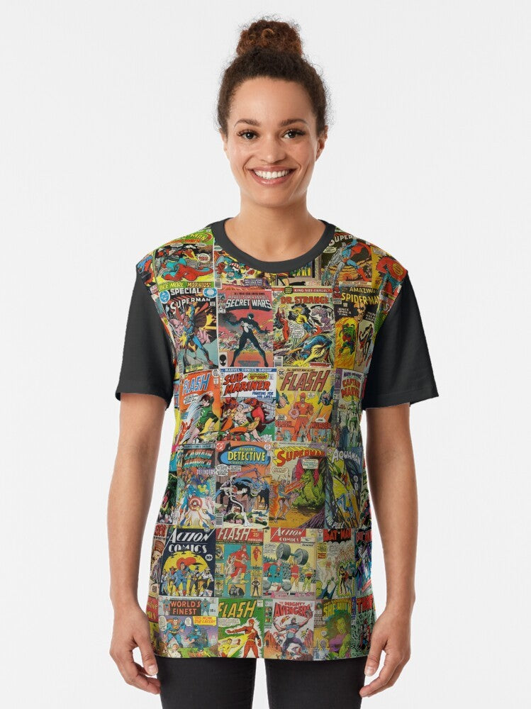 Vintage comic book pattern graphic t-shirt with superheroes and colorful design - Women