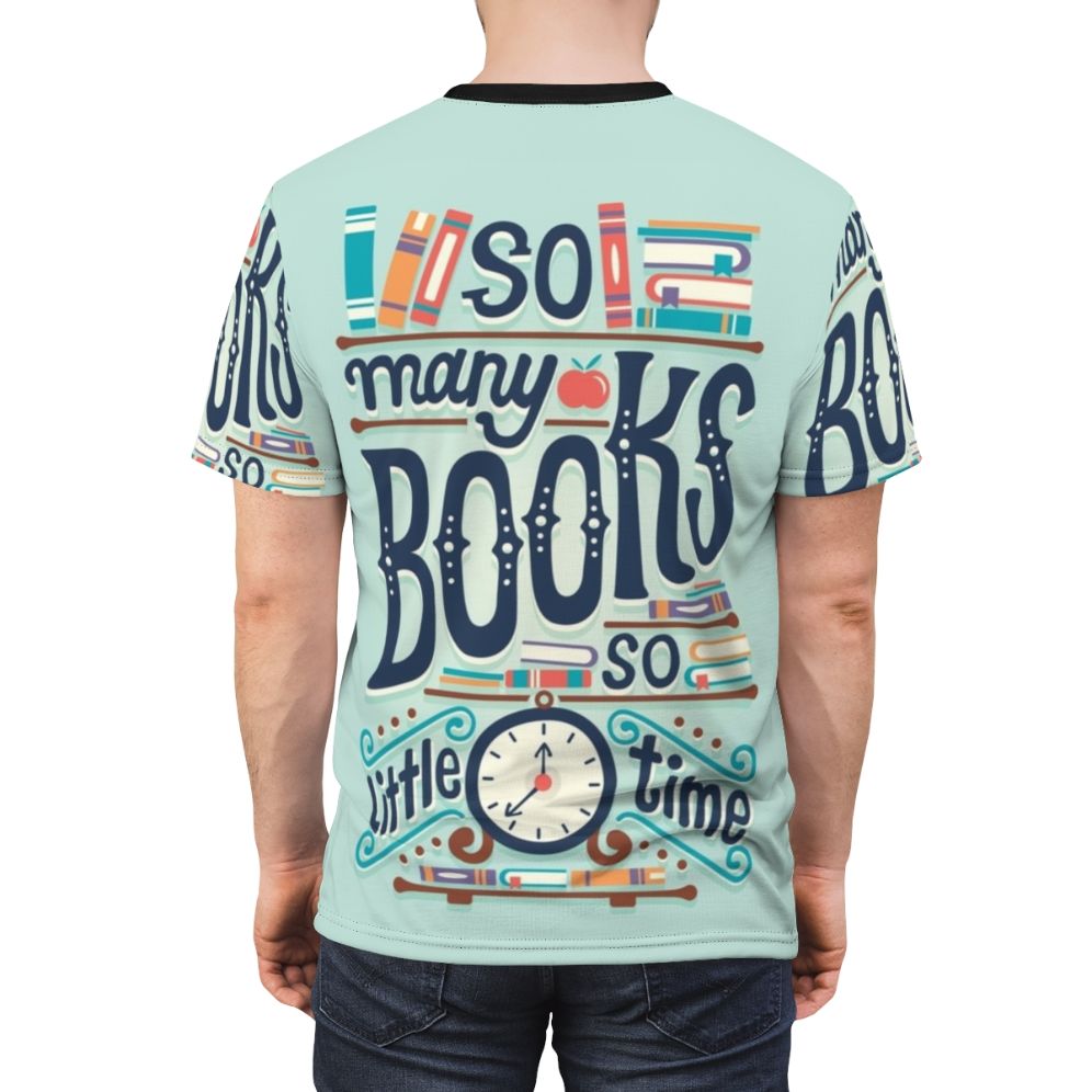 A T-shirt featuring the phrase "So Many Books, So Little Time" in a hand-lettered typography design, perfect for book lovers and bookworms. - men back