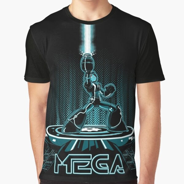 Retro Mega Man x Tron graphic t-shirt with a mashup design of classic video game and 80s movie characters