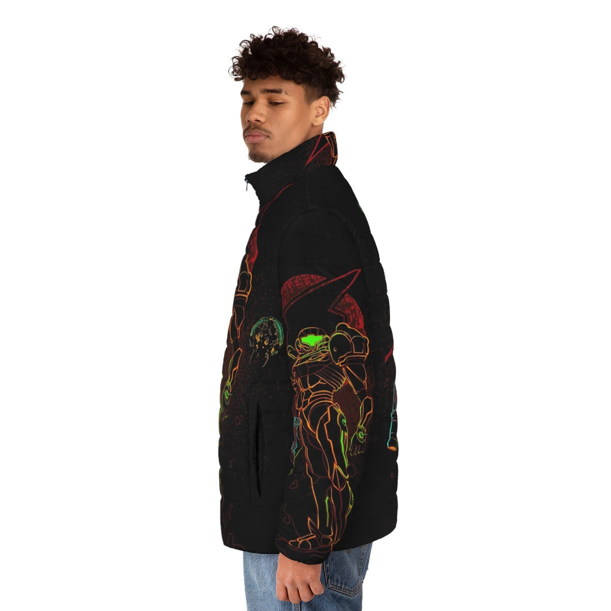 Metroid-inspired bounty hunter puffer jacket with futuristic design - men side left