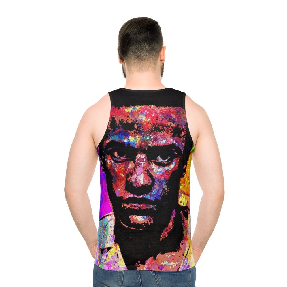 Huey P Newton portrait on unisex black tank top - men back