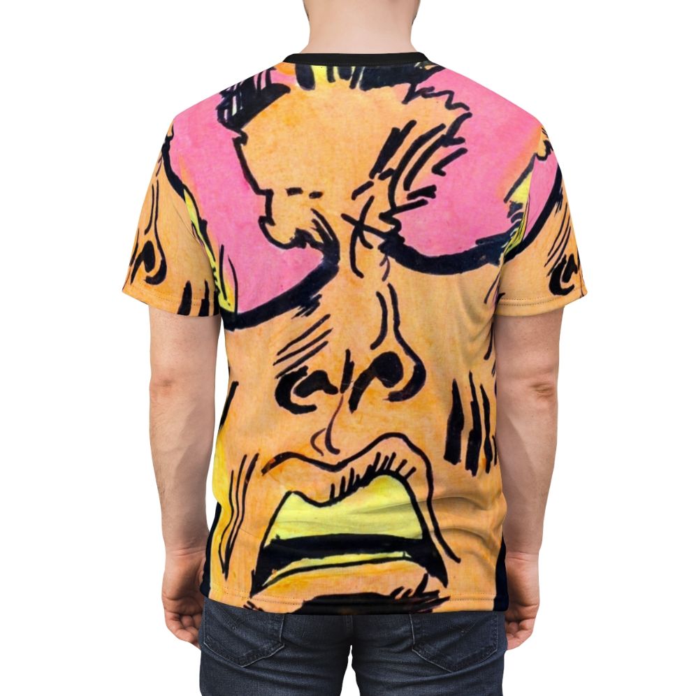 Vibrant T-shirt featuring a retro-style comic book-inspired portrait design with bold, expressive colors and characters. - men back