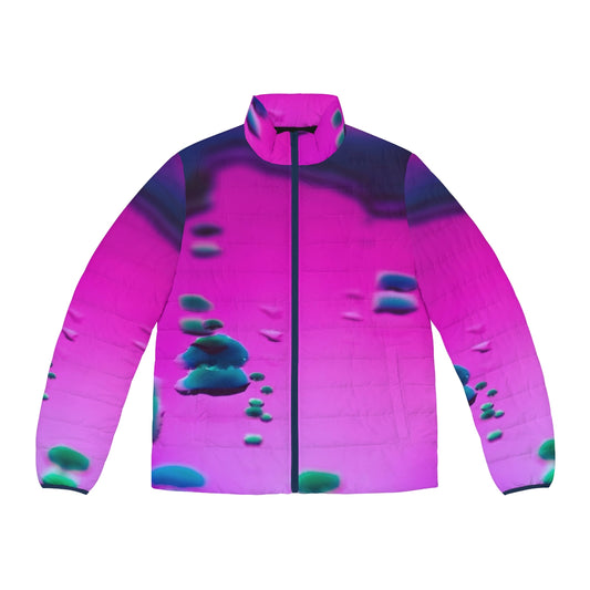 Psychedelic iridescent puffer jacket with trippy, dreamy abstract design