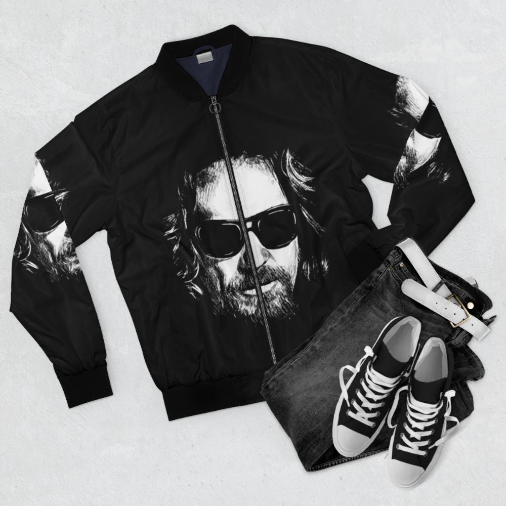 "The Dude" Bomber Jacket inspired by The Big Lebowski and featuring Jeff Bridges as The Dude - Flat lay