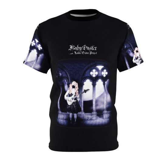 Stylish and eye-catching gothic lolita inspired t-shirt design featuring a guitar player