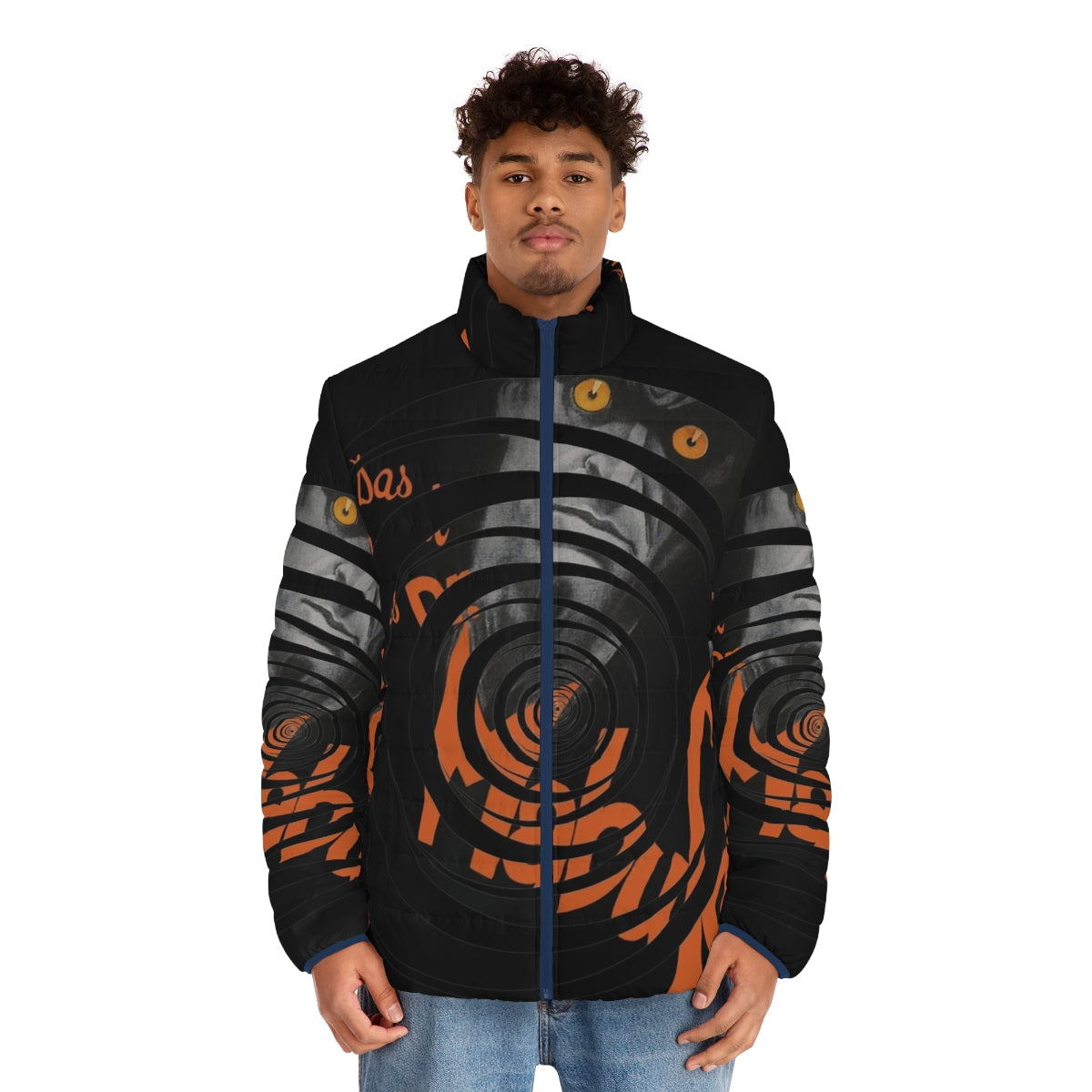 Doctor Mabuse Cinematic Puffer Jacket featuring dark, hypnotic spiral design - men front