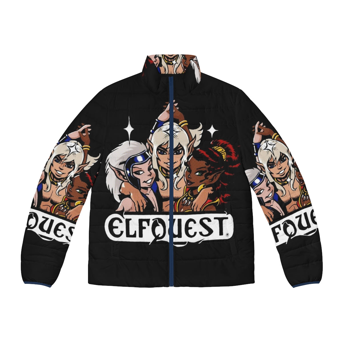 Elfquest Retro Puffer Jacket featuring fantasy characters and vintage comic art