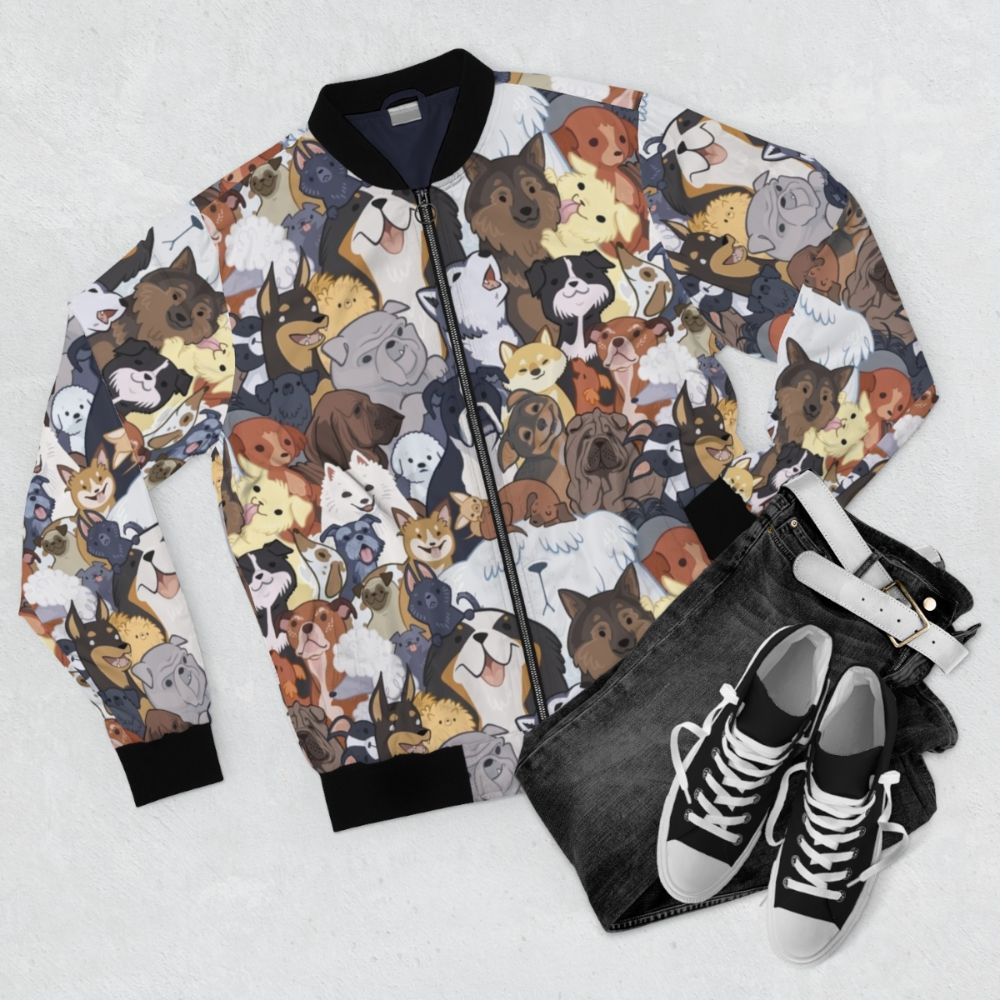 A bomber jacket featuring a vibrant, cartoon-style pattern of various dog breeds, including golden retrievers, pugs, and corgis, against a colorful background. - Flat lay