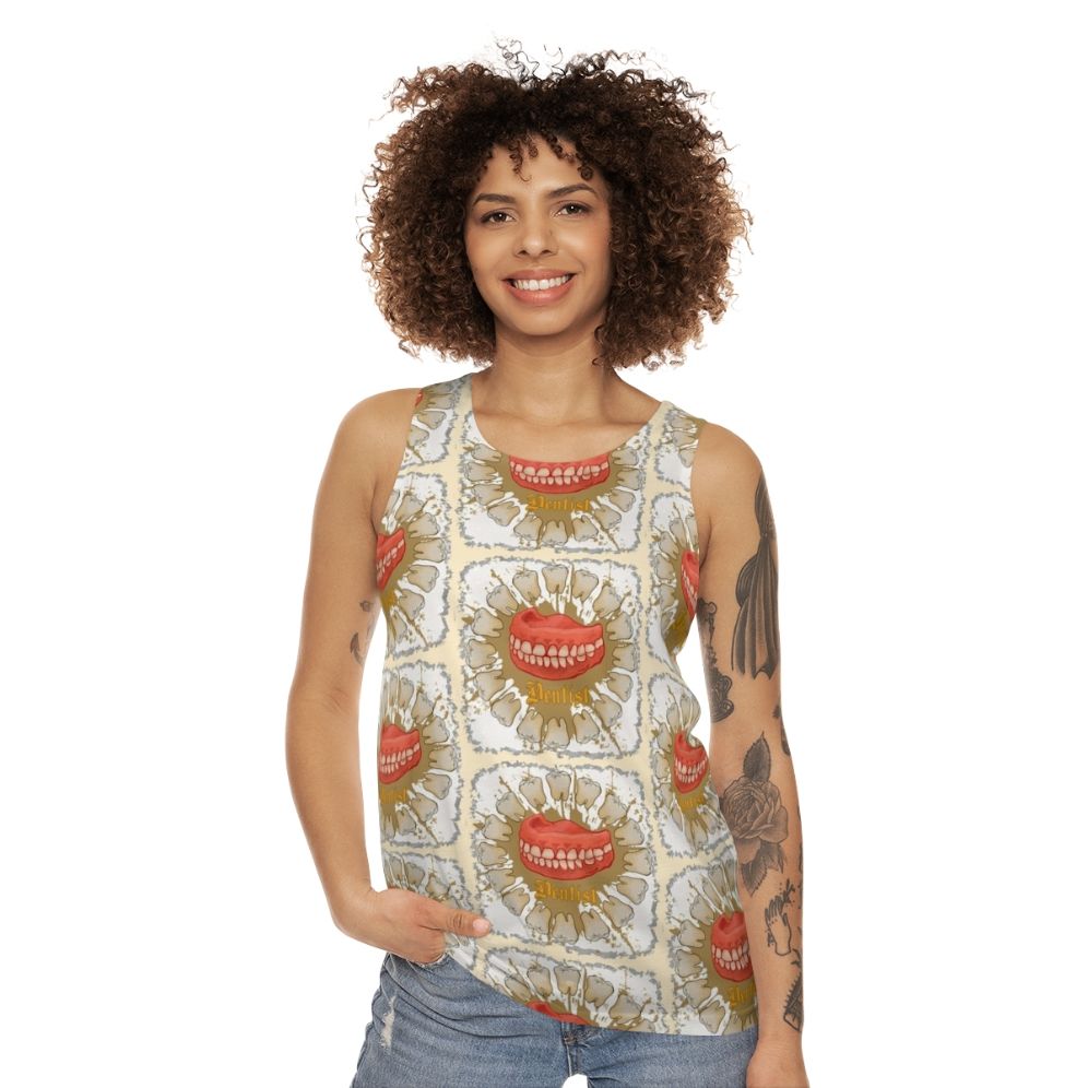 Dentist unisex tank top with dental-themed design - women