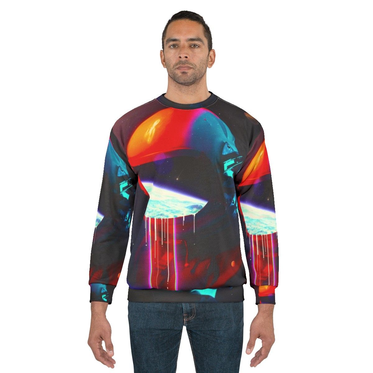 Cosmic leaking sweatshirt with surreal space exploration design - men